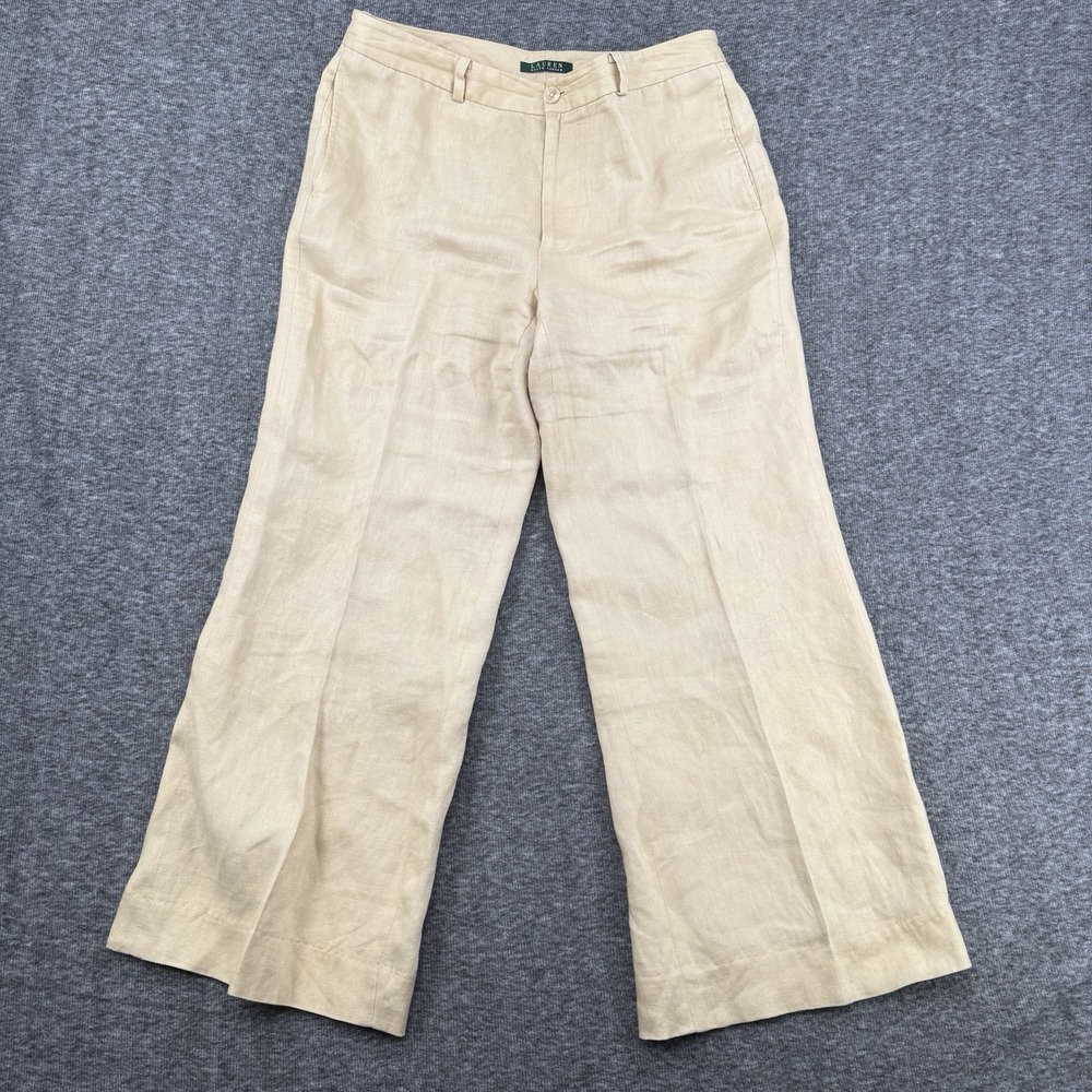 Lauren Ralph Lauren Linen Wide Leg Pants Womens 10 Khaki Lined Cropped Trousers